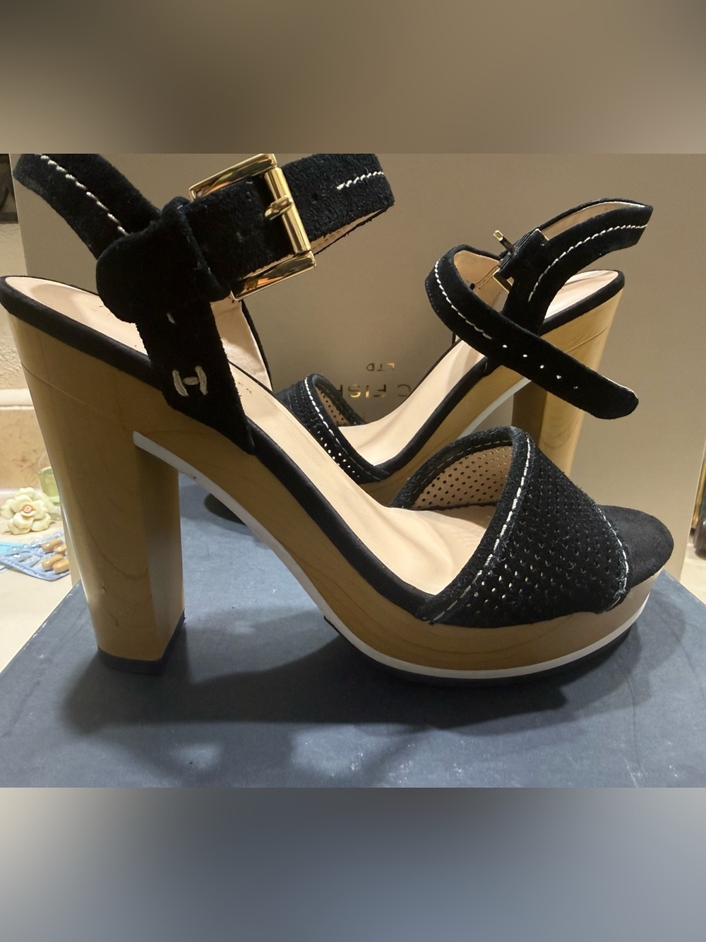 Tommy Hilfiger Black Suede Platform Sandals with Gold Block Heel